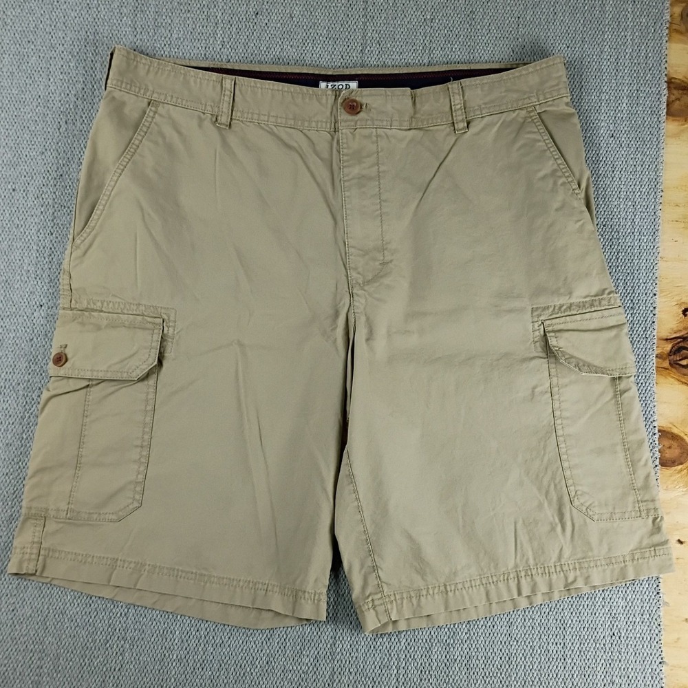 IZOD Cargo Shorts Mens‎ 38 Khaki Saltwater Cotton Relaxed Tan Twill 10" Inseam